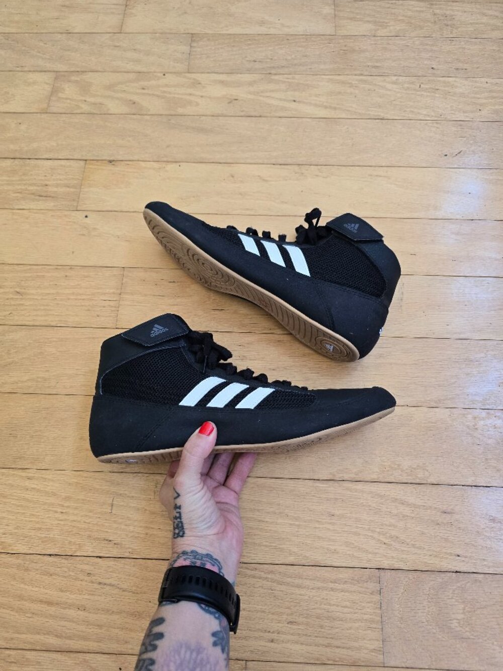 adidas | HVC Black White Gum Flat Sole Boxing Wrestling Sneakers | Men's 9.5